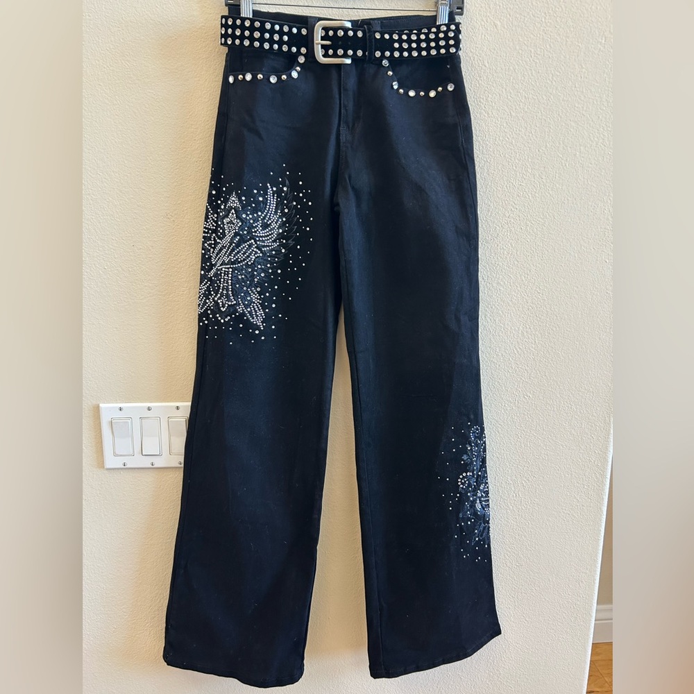I.AM.GIA Hollis Black Jean Rhinestones Studs in Small Wide Straight Legs NWOT
